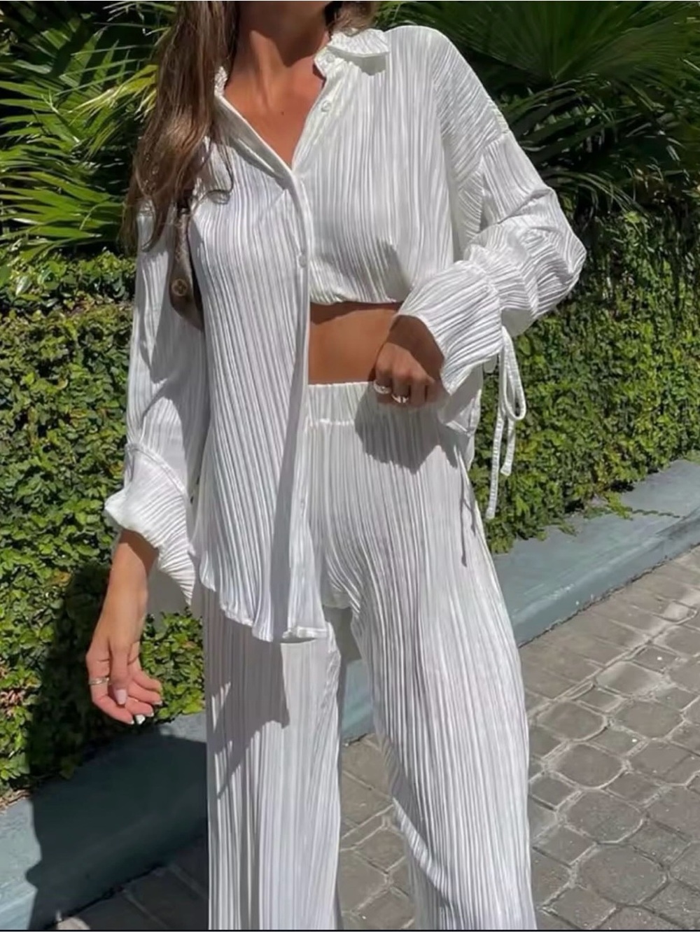 Women's White Pleated Button-Down Top & Wide-Leg Pants Set